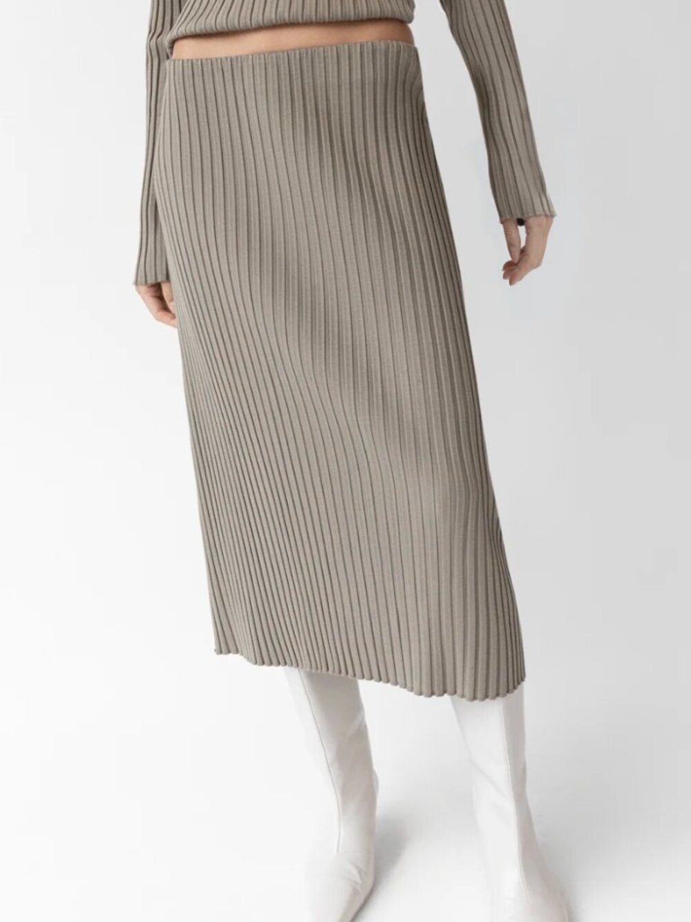 OAK + FORT Ribbed Knit Midi Skirt Taupe Brown Size S/P